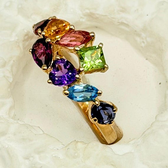 Solid 14K Yellow Gold Multi-Gemstone Ring with Em… - image 12