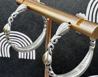 Vintage Sterling Silver Hoop Earrings with solid 18K Gold Accents THAILAND 925