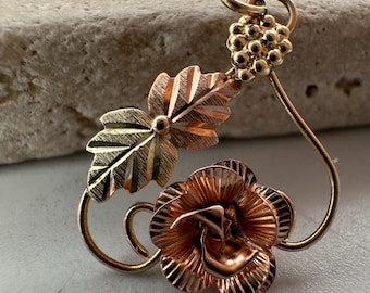10k Gold Rose Pendant, Black Hills Style Tri-Color Leaves