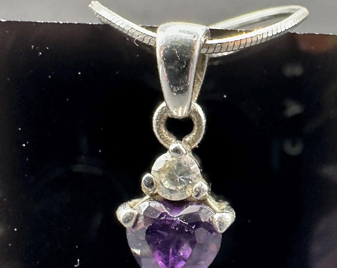 Sterling Silver Purple Gem Heart Pendant with White Gem Accent 16.5 Inch Length