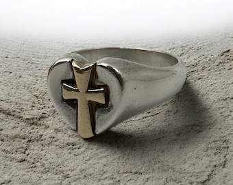 James Avery Retired Heart Cross Ring, Sterling Silver and 14K Yellow Gold, Size 5.75