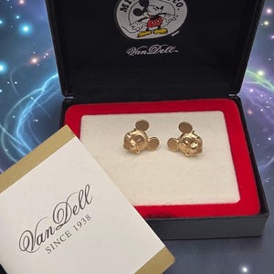 Disney Van Dell Mickey Mouse Solid 14K Yellow Gold Stud Earrings Original Box