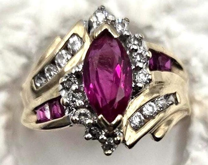 Vintage 10K Gold Marquise Ruby Ring with CZ Accents, Size 6.75