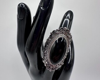 Samuel B Sterling Silver Black Onyx Cabochon Scrollwork Cocktail Ring Size 8
