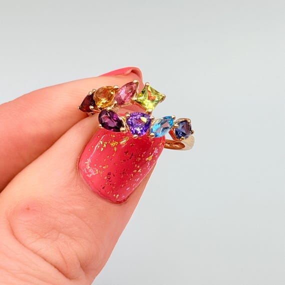 Solid 14K Yellow Gold Multi-Gemstone Ring with Em… - image 10