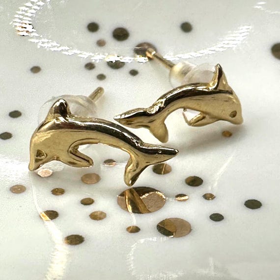 14K Solid Gold Dolphin Stud Earrings - image 2
