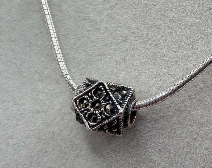 Sterling Silver Necklace with Marcasite Bead Pendant 925 ITALY 16” - 18” Adjustable