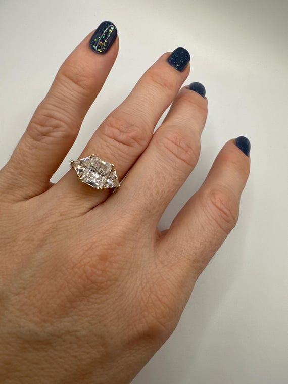 Solid 14K Yellow Gold Three-Stone Ring with Gemst… - image 2