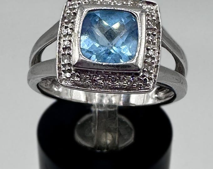 Sterling Silver 925 Blue Topaz Halo Ring Size 7