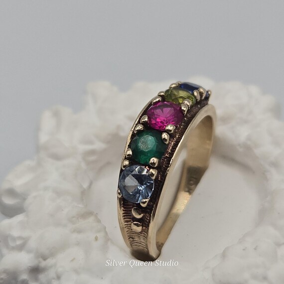10K Solid Gold Five Stone Gem Ring, Blue Spinel, … - image 7