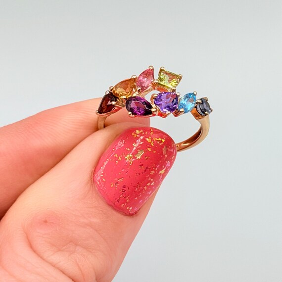 Solid 14K Yellow Gold Multi-Gemstone Ring with Em… - image 11