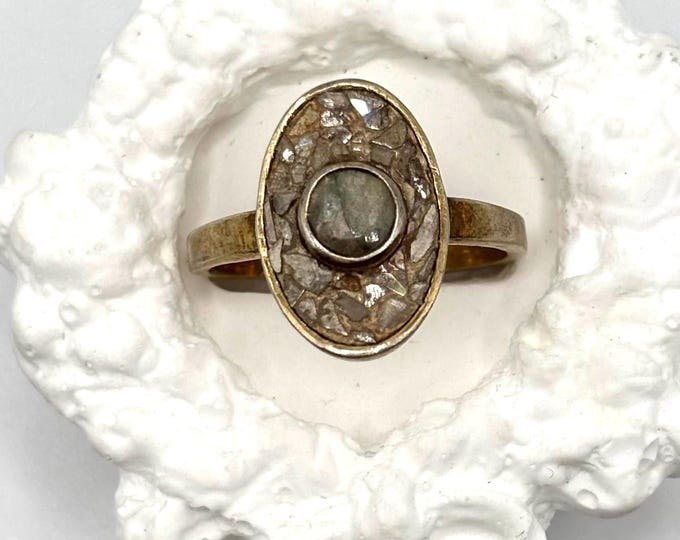 Vintage Gold Vermeil Over 925 Sterling Silver Mosaic and Brown Stone Ring Size 6.75