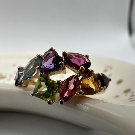 14k Gold Multi Gemstone Cluster Ring, Vintage Sty… - image 3