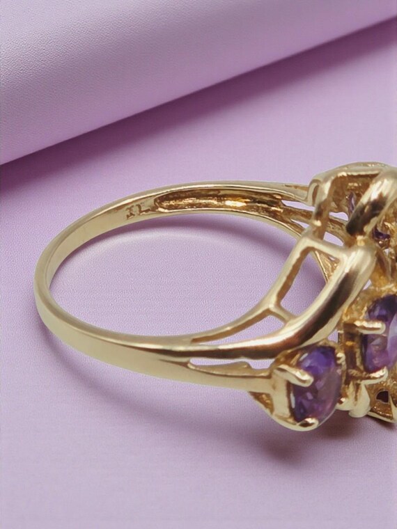 Solid 10K Yellow Gold Ring with Amethyst Cluster-… - image 8