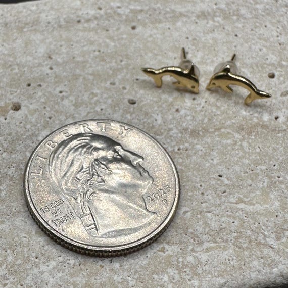 14K Solid Gold Dolphin Stud Earrings - image 6