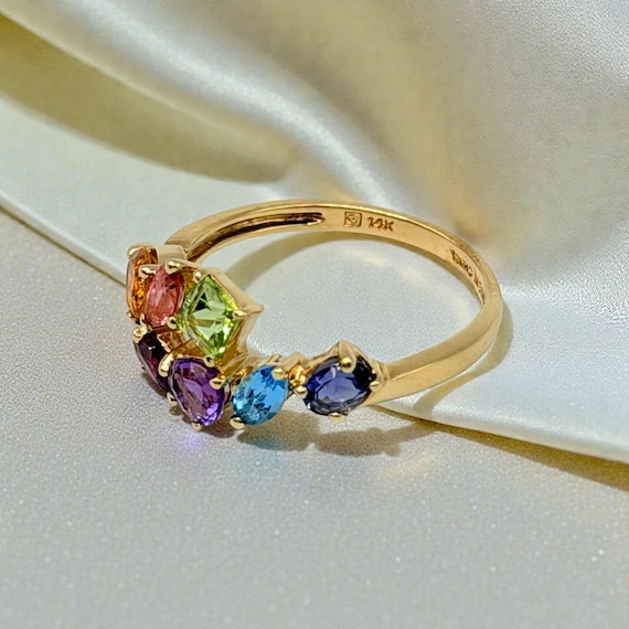 Solid 14K Yellow Gold Multi-Gemstone Ring with Em… - image 4
