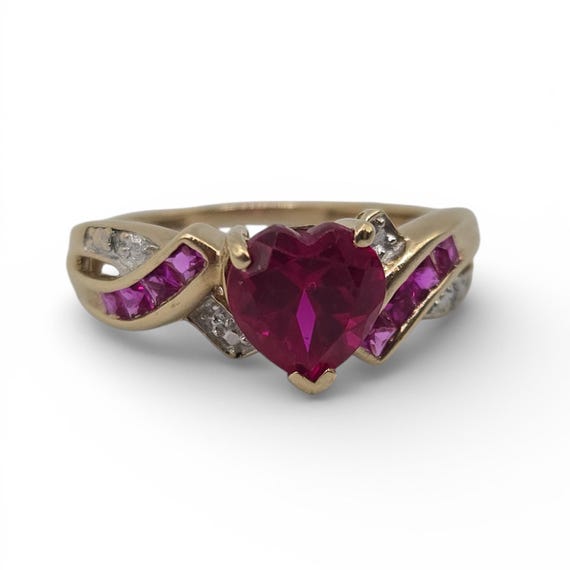 10K Solid Gold Heart Cut Ruby Ring, Pink Sapphire… - image 7