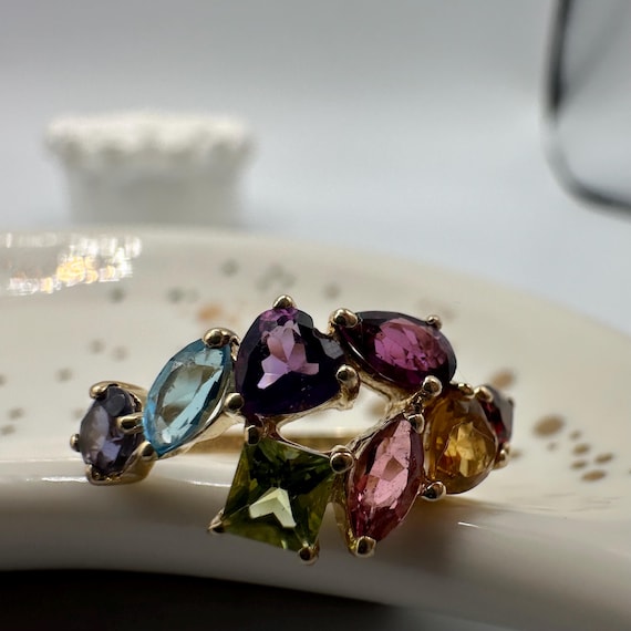 14k Gold Multi Gemstone Cluster Ring, Vintage Sty… - image 4