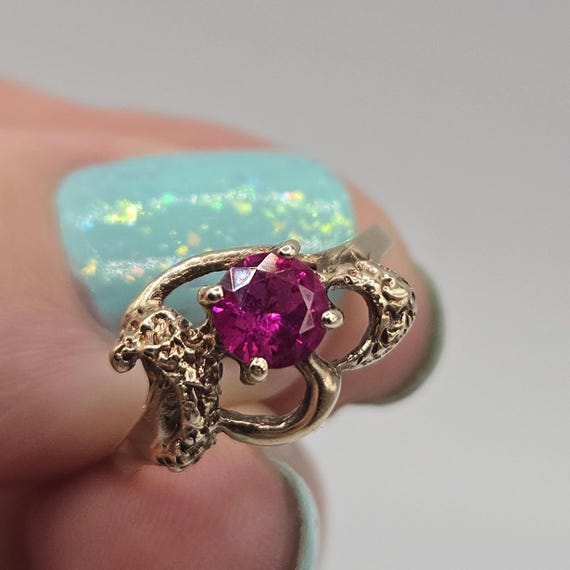 Solid 10K Yellow Gold Ring with Round-Cut Ruby – … - image 6