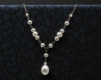Vintage Sterling Silver Pearl Station Y Drop Necklace Teardrop 18 Inch