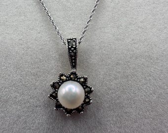 Collar vintage de plata de ley 925 con marcasita y perlas, 45,7 cm (18 pulgadas)