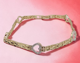 Solid 10K Yellow Gold Nugget Link Heart Bracelet - 7 Inch