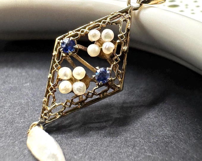 Vintage 14K Gold Edwardian Pearl and Sapphire Victorian Style Lavalier Pendant