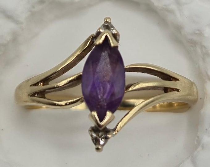 10KP (Exact Purity) Solid Gold Marquise Cut Amethyst Vintage Ring Size 6.75