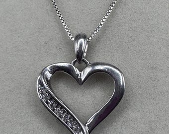 Vintage Sterling Silver and Diamond Heart Pendant Necklace ITALY