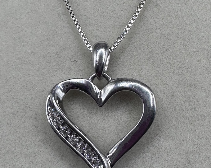 Vintage Sterling Silver and Diamond Heart Pendant Necklace ITALY