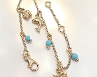 Solid 14K Yellow Gold Butterfly Bee Fish Charm Bracelet 5 to 5.75 Inch