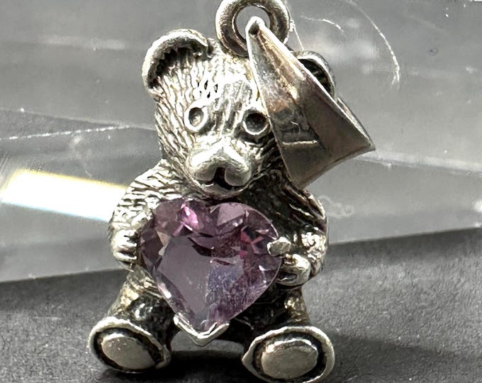 Sterling Silver 925 and Purple CZ Heart Bear Necklace Pendant