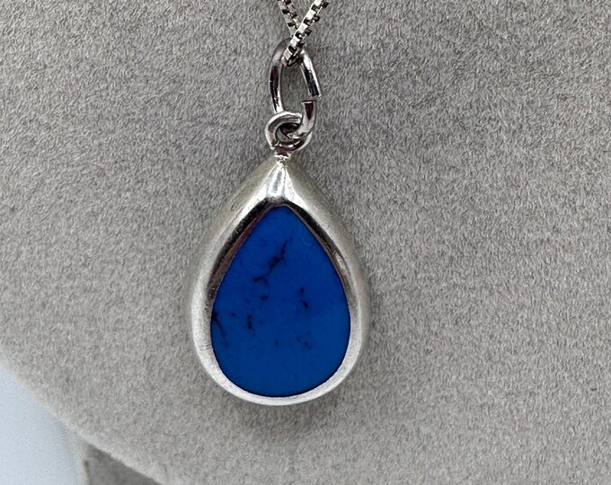 Vintage Sterling Silver Turquoise Teardrop Pendant Necklace Native American Style 19.5 inches