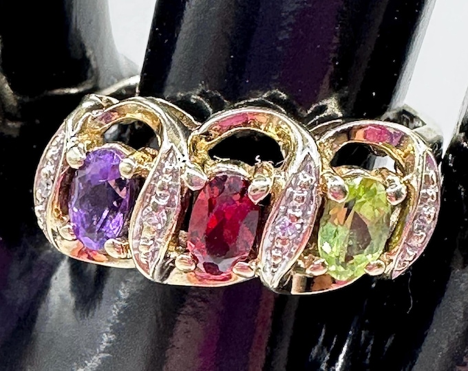 14k Gold Peridot Garnet Amethyst with Diamonds Vintage Ring Size 7.5