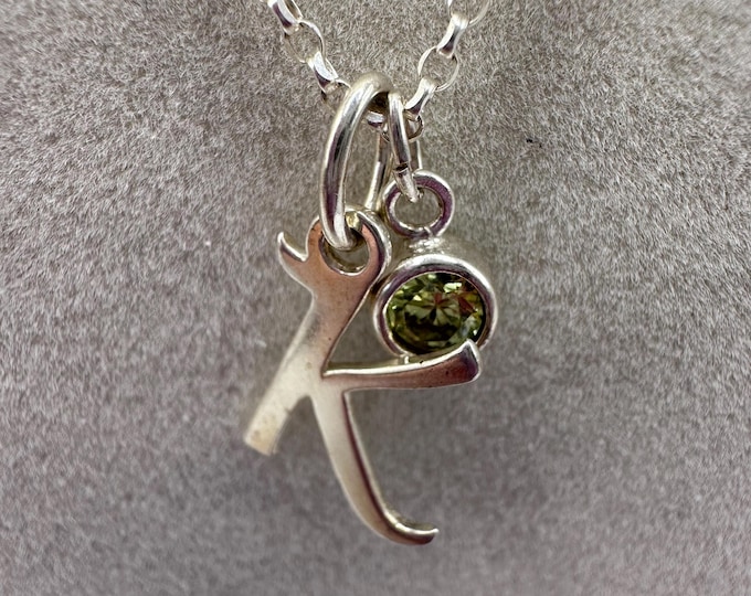 Vintage Sterling Silver Initial K with Birthstone Light Green 18 inches