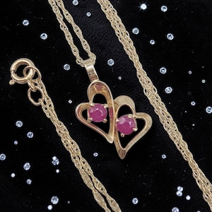 Solid 14K Yellow Gold Double Ruby Heart Pendant Necklace - 18 Inch