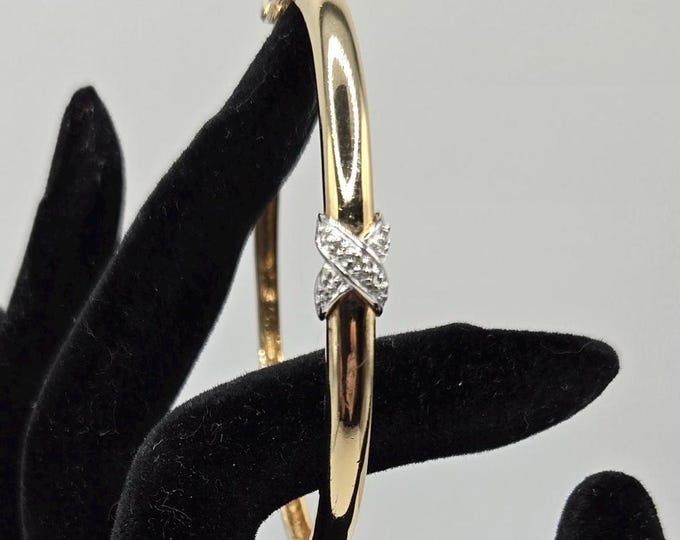 Vintage Gold Vermeil Sterling Silver Bangle: Crossover Diamond Accent, 6.75 in