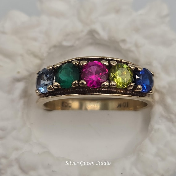 10K Solid Gold Five Stone Gem Ring, Blue Spinel, … - image 6