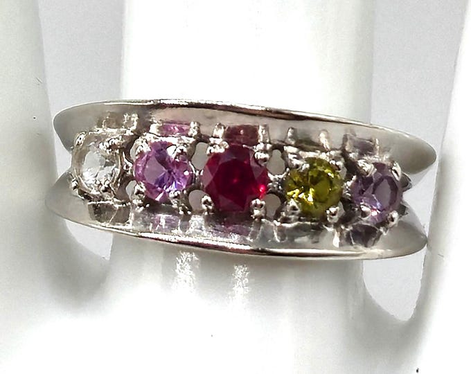 10K White Gold Multi-Gemstone Ring, Ruby, Sapphire, Peridot, Amethyst, Size 7.75