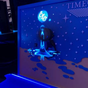 Può includere: Un'opera d'arte con cornice blu con la parola "TIME" in alto. L'opera presenta uno sfondo blu con stelle bianche e un'immagine stilizzata di una sfera con le lettere "ELO". L'opera ha un primo piano azzurro e beige.