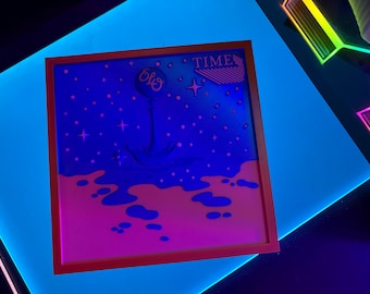 May include: A framed artwork with a vibrant, neon color scheme. The image features a blue and pink landscape with the word "TIME" and the letters "ELO". The artwork is set against a bright blue background.