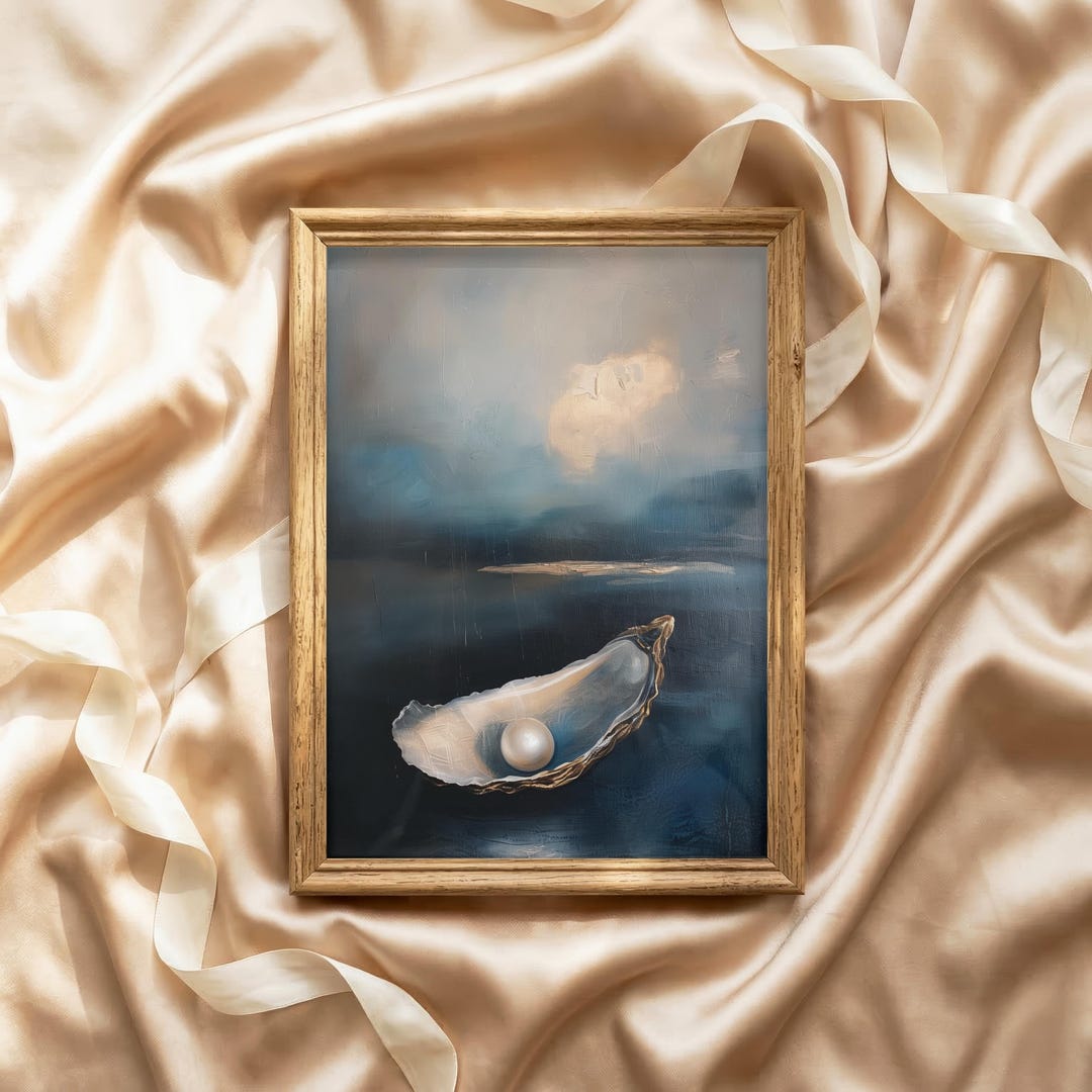 Vintage Pearl Shell Art Print, Soft Blue Ocean Coastal Decor (digital ...