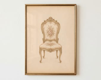 Vintage Rococo Chair Print, French Romantic Wall Art, Antique Floral Furniture Decor, Victorian Mini Print (Digital Download)