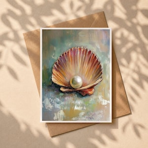 May include: A greeting card featuring an artistic rendering of a seashell with a pearl. The shell is painted in shades of orange, red, and yellow, with a large, lustrous pearl nestled inside. The background has a textured, abstract appearance.