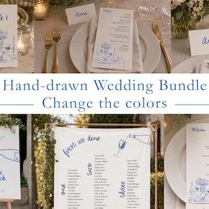 Puede incluir: Un conjunto de papelería de boda con tarjetas de papel blanco e ilustraciones azules dibujadas a mano de botellas de vino, copas y arreglos florales. El set incluye números de mesa, tarjetas de sitio, menús y un gran plano de asientos con el texto first we dine.