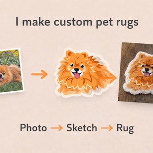 May include: An image illustrating the creation of custom pet rugs. The process is shown as photo to sketch to rug. The final rug is a detailed, orange Pomeranian design, displayed on a wooden surface.