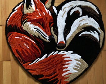 Handgeknüpfter Fuchs Teppich, Wollteppich, Handgeknüpfter Wollteppich, Handgewebter Wollteppich, Handgeknüpfter Tierteppich