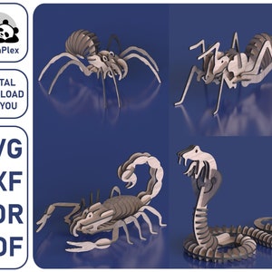 4 arquivos de corte a laser digital de quebra-cabeças 3D, aranha, formiga, cobra, escorpião, arquivos vetoriais para corte a laser de madeira, decoração de presente para casa e jardim