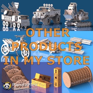 May include: A collection of wooden model kits, including a truck, monster truck, excavator, motorcycle, police car, and more. The image also displays a desk organizer, a box, a decorative column, and a puzzle box. Text reads "OTHER PRODUCTS IN MY STORE."