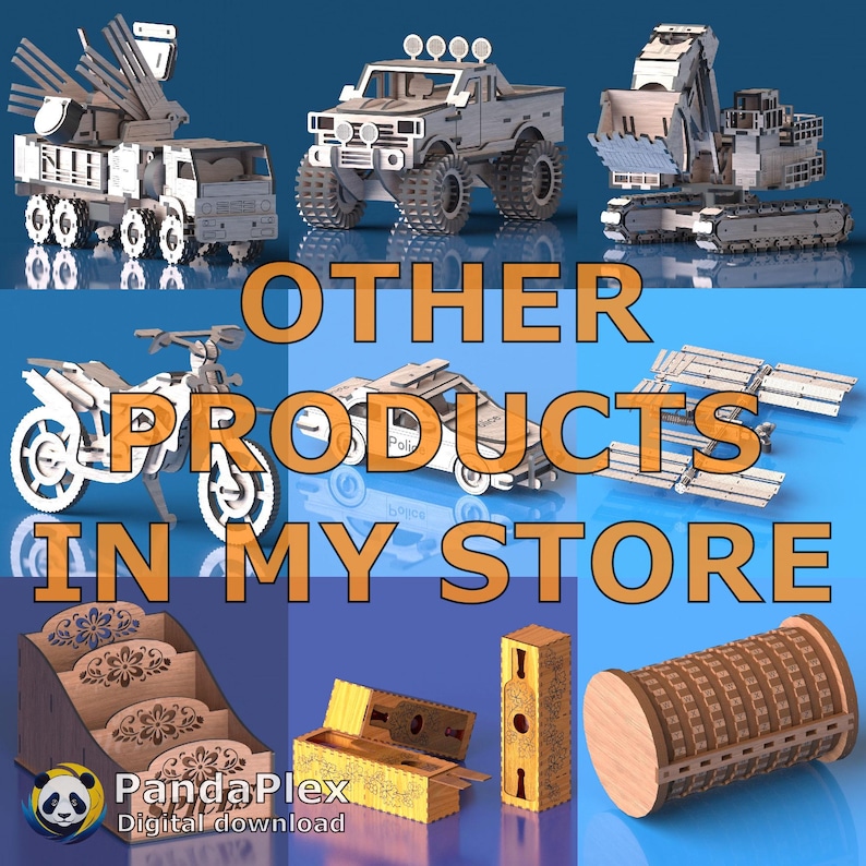 May include: A collection of wooden model kits, including a truck, monster truck, excavator, motorcycle, police car, and more. The image also displays a desk organizer, a box, a decorative column, and a puzzle box. Text reads "OTHER PRODUCTS IN MY STORE."